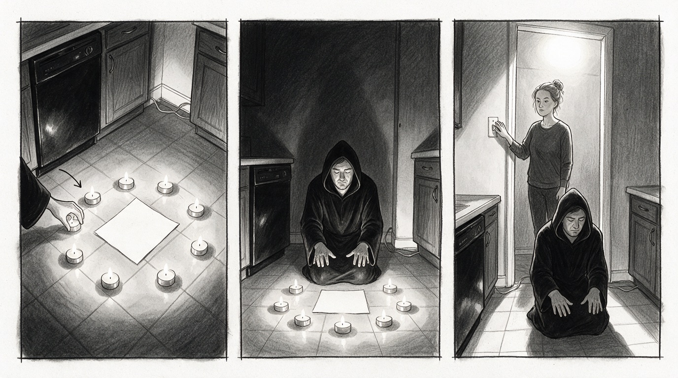 Storyboard Ritualul: cerc de lumânări în jurul unei hârtii, tipul în mantie neagră îngenuncheat, soția aprinde lumina din ușă și îl privește