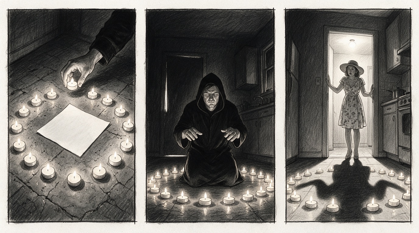 Storyboard Ritualul: cerc de lumânări în jurul unei hârtii, tipul în mantie neagră cu glugă, îngenuncheat, soția aprinde lumina și apare în ușă